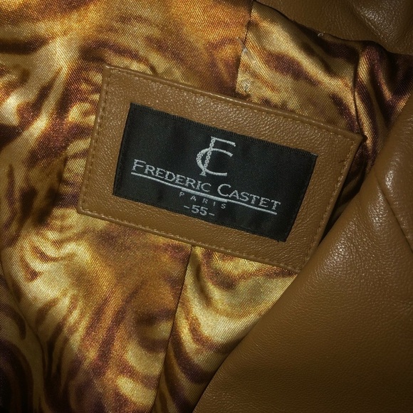 Frederic Castet Paris Tan Leather Blazer Tiger Print Lining Button Down 55 Small - Picture 7 of 7